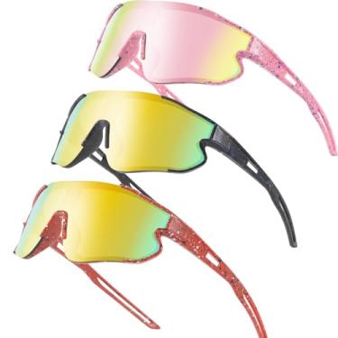 Imagem de Wapreta Pacote com 3 óculos de sol infantis de beisebol para meninos e meninas de 4 a 12 anos, ciclismo, softball, corrida, UV400, Moldura rosa + moldura preta + moldura vermelha