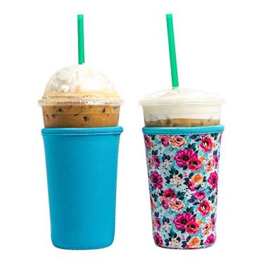Imagem de Mangas de Café Iced de Neoprene Reutilizáveis Isoladas | Suporte de Copo de Bebidas Frias para Café Starbucks, McDonalds, Dunkin Donuts, Tim Hortons e Mais | (Azul e Floral, 2 PK Médio 22-24oz)