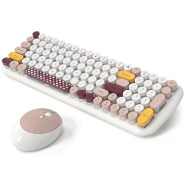 Imagem de Combo de teclado e mouse sem fio, MOWUX – layout compacto moderno, mouse doce compacto colorido e conjunto de teclado redondo retrô com capa, para PC/laptop/Windows/Mac - off-white colorido