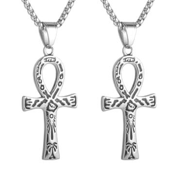 Imagem de Colar com pingente religioso de cruz Ankh copta estampada dupla face masculina e feminina, material de aço inoxidável 316L, corrente de pérola quadrada de aço inoxidável prata, joia retrô, Standard,