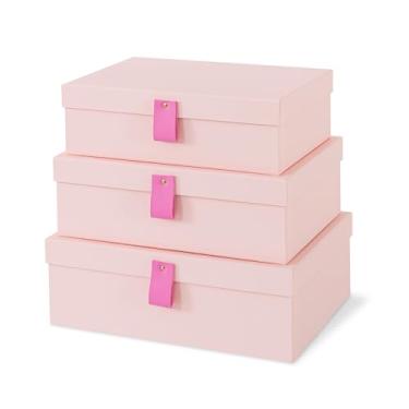 Imagem de Soul & Lane Caixas decorativas de papelão para armazenamento - Conjunto de 3, caixas de memória texturizadas com tampas para decoração de casa, armazenamento de fotos e lembranças, rosa