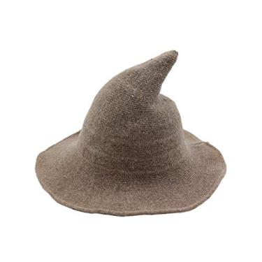 Imagem de URFUN Chapéu feminino de lã de bruxa, aba larga, espiral, gorro tricotado para decoração de festa de Halloween, cáqui, tamanho único