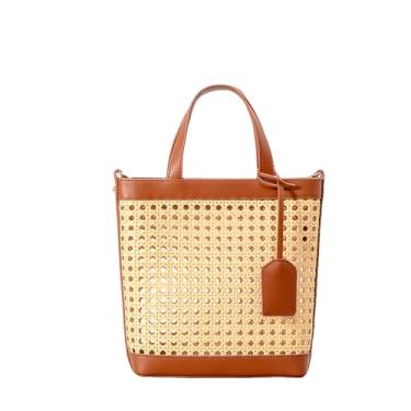 Imagem de Bolsa feminina de palha de tecido para praia, bolsa balde de verão, alça superior, bolsa de mão com cordão, bolsas de vime, Marrom