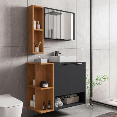 Imagem de Armário de Banheiro Reyka 4 Portas Preto/Naturalle - Pnr Móveis, Preto