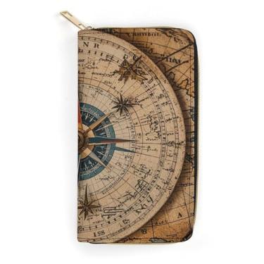 Imagem de Bússola e mapa do velho mundo carteira fina para cartão de crédito, carteira de dinheiro dobrável de couro PU, bolso para moedas com zíper, janela para identidade, bolsa de armazenamento, carteira