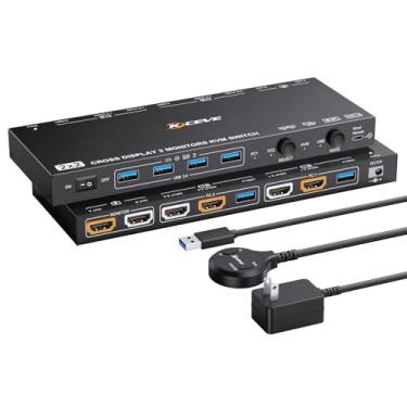 Imagem de Modos KVM/USB HDMI KVM Switch 2 monitores 2 computadores, ANXQQ 8K @60Hz 4K @120Hz USB 3.0 Dual Monitor KVM Switch Share 4 dispositivos USB, controle com fio e adaptador de energia incluídos