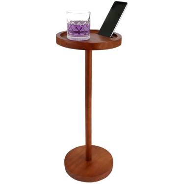 Imagem de Mesa lateral com pedestal, base de madeira maciça, mesa lateral redonda pequena para espaços pequenos com suporte de telefone, mesa de canto com pedestal Martini para sala de estar, quarto, sofá, mini