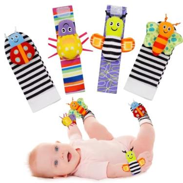 Imagem de Kit 2 Meias e 2 Pulseiras de Bebê com Chocalho de Animais Macios e Sonoros - Brinquedo Sensorial Educativo para Desenvolvimento 0 a 24 Meses