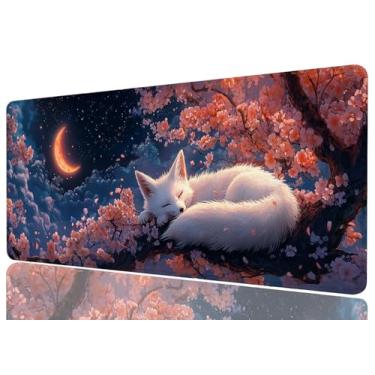 Imagem de Kawaii Fox Anime Mouse Pad Flores de Cerejeira Lua Bonito Japonês XL Mouse Pad Grande Tapete de Teclado Laptop Estendido Tapete de Teclado de Mesa Gaming Tapete de Mouse Mat Escritório Computador