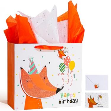 Imagem de Enfoldia Bolsa de presente de aniversário grande de raposa laranja de 33 cm para crianças com cartão de felicitações, papel de seda, design de glitter, sacos de embrulho de presente para chá de bebê