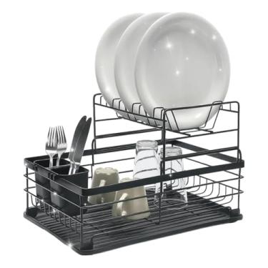 Imagem de Escorredor de Louças em Metal Preto 2 Andares 38,5x28,5x24cm Com Bandeja Coletora de Água, Espaço para 10 Pratos e Suporte para Talheres Organizador de Pia Moderno e Resistente Premium
