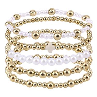 Imagem de Mikovivi 5 pulseiras de cruz com contas de pérolas douradas, conjunto de pulseiras elásticas de contas cristãs, corrente de mão cristã para mulheres, joias modernas, presente