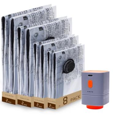Imagem de Bomba sem fio de carregamento rápido e pacote com 8 sacos de armazenamento de compressão a vácuo, combo de vários tamanhos com 70% de economia de espaço para bagagem de viagem, roupas, cobertores