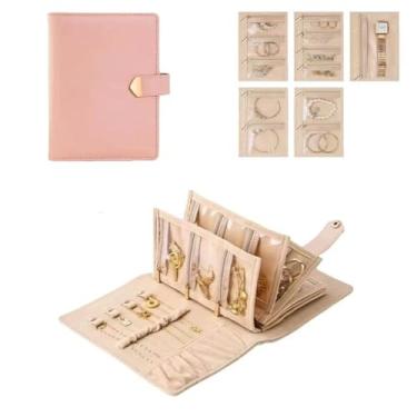 Imagem de WEIKIMFF Estojo organizador de joias de viagem, organizador de fichário de joias com 5 bolsos de veludo com zíper para anéis, colar, brincos - organizador de livros de joias perfeito para mulheres e