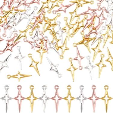 Imagem de SUNNYCLUE 1 caixa, 120 peças, 3 cores, pingente de estrela de quatro pontas, ouro vazado, pingentes pequenos metálicos prateados de ouro rosa do norte celestiais para fazer joias, artesanato, brincos