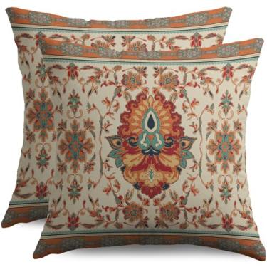 Imagem de Sivirary Capas de almofada boho azul laranja 45,7 x 45,7 cm, conjunto de 2 fronhas decorativas florais vintage, decoração de casa de fazenda rústica, para sofá, sofá-cama