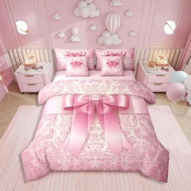 Imagem de Erosebridal Jogo de cama Queen em uma bolsa com lençóis, conjunto de edredom infantil para meninas - design de laço Coquette, rosa Cama para Niña Queen e edredom para decoração de quarto rosa