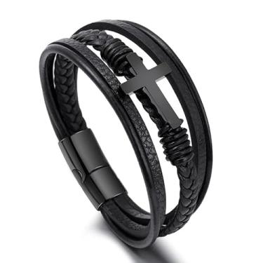 Imagem de Pulseira masculina de couro preta com cruz cravejada boho feita à mão com emenda dupla pulseira de fio duplo joias modernas moda boho moda, Medium, Latão, Sem Pedra Preciosa