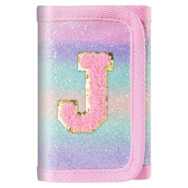 Imagem de Carteira rosa com inicial brilhante para meninas/mulheres - linda bolsa infantil, presentes de aniversário para adolescentes de 6 a 12 anos, Letra J