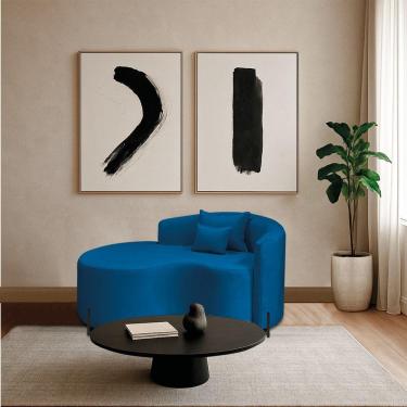 Imagem de Divã Recamier Curvo Sala De Estar Recepção Inglaterra 150cm Pés Metal Dourado Lado Esquerdo Linho Azul Royal