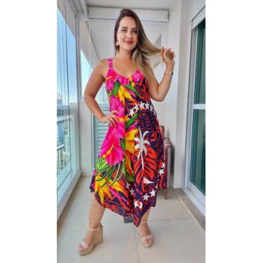 Imagem de Vestido Feminino Indiano Alça c/ Regulagem e Bolsos Trapézio Plus Size