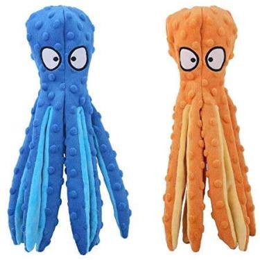 Imagem de Brinquedos Squeaky para cães de polvo, sem enchimento, brinquedos de pelúcia para cães de pequeno a médio porte (laranja e azul)