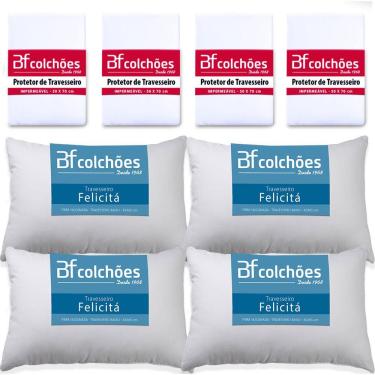 Imagem de Kit 4 Travesseiros Fibra Siliconada Antialérgico 45x65cm + 4 Capas Impermeável - BF Colchões