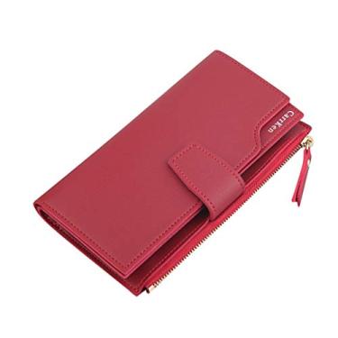 Imagem de Qwent Carteiras grandes para mulheres moda carteira com zíper bolsa carteira três dobras feminina longa clutch bolsa feminina localizadora dispositivo carteira (vermelho, tamanho único)