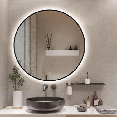Imagem de Espelho Redondo Com Moldura Preta Iluminado Com Led Frio 80cm