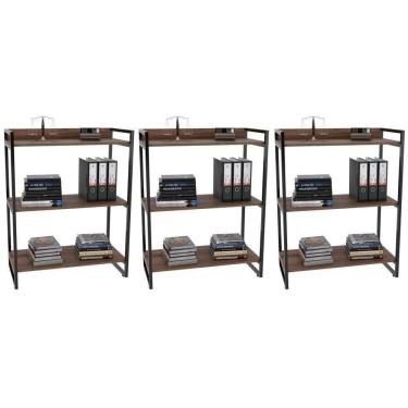 Imagem de Kit 3 Estantes Livreiro Multiuso Prisma Estilo Industrial 80Cm 3 Prateleiras C08 Nogal - Mpozenato