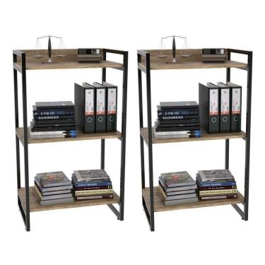 Imagem de Kit 2 Estantes Livreiro Multiuso Prisma Estilo Industrial 60cm 3 Prateleiras C08 Carvalho