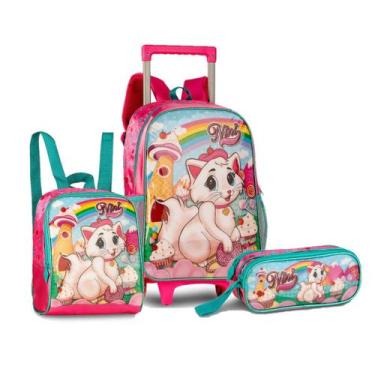 Imagem de Kit Mochila Rodinhas, Estojo e Lancheira Gatinha Nini Clio - Clio Styl