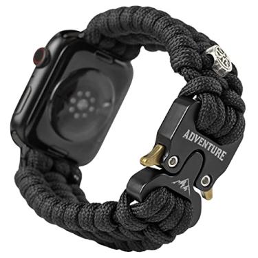 Imagem de Pulseira Paracord compatível com Apple Watch 42 mm, 44 mm, 45 mm, pulseira tática de sobrevivência robusta Paracord com fivela de aço inoxidável liberação rápida para iWatch Series SE 7, 6, 5, 4, 3, 2, 1 para homens preto-G