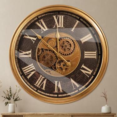 Imagem de October Elf Relógio de parede grande com engrenagens móveis reais 61 cm vintage industrial steampunk grande relógio de parede de metal para decoração de sala de estar (24 polegadas romano antigo latão