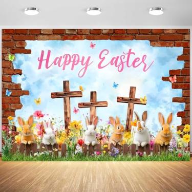 Imagem de 2,1 x 1,5 m Fundo de Feliz Páscoa Flores Primavera Crucifixo Coelhos Vintage Parede de Tijolo Fotografia Fundo Primavera Páscoa Decorações Banner Suprimentos Estúdio Fotográfico Adereços