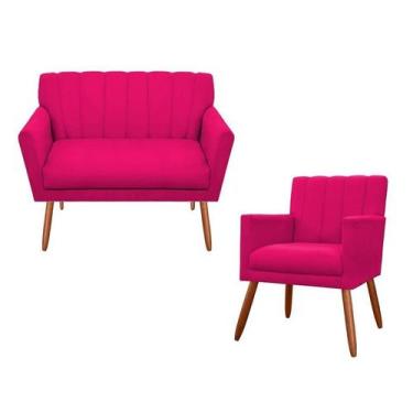 Imagem de Kit Namoradeira + 1 Poltrona Decorativa Cecília Couro Rosa Pink Pés Ma