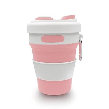Imagem de iEWENi Copo de viagem dobrável de 500 ml com tampa e gancho de metal reutilizável de silicone para bebida quente/fria, portátil, acampamento, caminhada, micro-ondas e lava-louças (rosa)