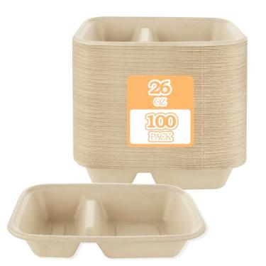 Imagem de ABuff Pacote com 100 tigelas de papel com 2 compartimentos, molho com chips, queijo nacho e salsa, recipientes de alimentos compostáveis de 740 ml, tigelas de bagaço, recipiente biodegradável para