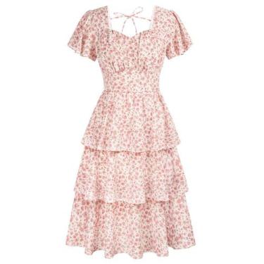 Imagem de Vestido Belle Poque Summer 2024 feminino com gola quadrada rosa floral