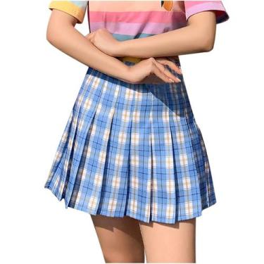 Imagem de Moda feminina cintura alta plissada fina treliça saia A-line - HUOGUO