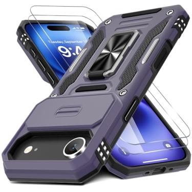 Imagem de DEERLAMN Capa para iPhone Air com capa de câmera deslizante + protetor de tela (pacote com 2), anel giratório com suporte de grau militar, capa protetora à prova de choque - roxo profundo