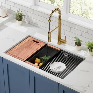 Imagem de CELAENO Pia de cozinha de aço inoxidável preto bronze de 81 cm, calibre 16, feita à mão, tigela única, pia de cozinha, equipada com vários acessórios