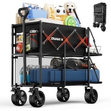 Imagem de DUHKOI Double Decker Wagon 320L grande capacidade 181 kg carrinho utilitário esportivo dobrável com rodas grandes, porta traseira dupla estendida, carrinho de carroça dobrável resistente para