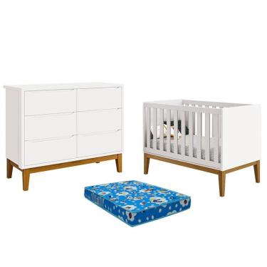 Imagem de Berço Americano E Cômoda 6 Gavetas New Classic Branco Com Pés Madeira E Colchão Tend Tudo - Reller