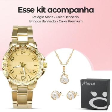 Imagem de Relógio Feminino Dourado Aço Strass + Colar Brincos + Caixa Prova Dagua Casual Social Ouro Presente