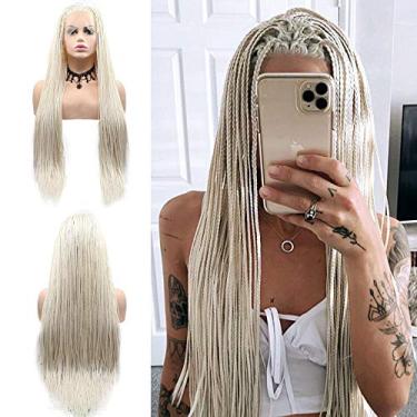 Imagem de Perucas trançadas em caixa loira pastel feitas à mão cabelo longo loiro branco peruca frontal de renda sintética resistente ao calor tranças longas drag queen festa de férias cabelo loiro pastel