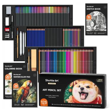 Imagem de Kit de desenho profissional Shuttle Art 123 peças com lápis de cor, aquareláveis, metálicos, grafite, carvão, blocos e acessórios em estojo