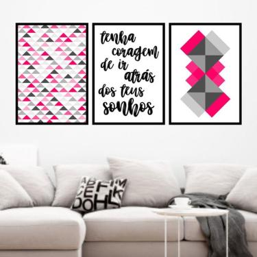 Imagem de Kit 3 Quadros Decorativos Geométrico Tenha Coragem Rosa