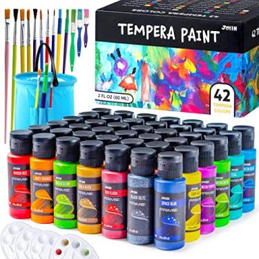 Imagem de JOYIN Conjunto de pintura têmpera lavável sortido 42 peças (59 ml cada), tinta líquida com 15 pincéis, 4 paletas e 1 balde de lavagem extensível, pintura infantil não tóxica para projeto de artes e artesanato, pintura a dedos, pintores de hobby painers.
