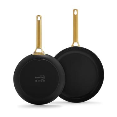 Imagem de GreenPan Conjunto de frigideiras Reserve Hard Anodized Healthy Ceramic antiaderente 25,4 cm e 30,4 cm, alça dourada, livre de PFAS, pode ser lavado na lava-louças, forno seguro, preto